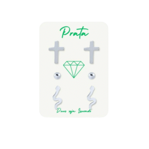 Trio de brincos de prata 925 cobra, bola e cruz