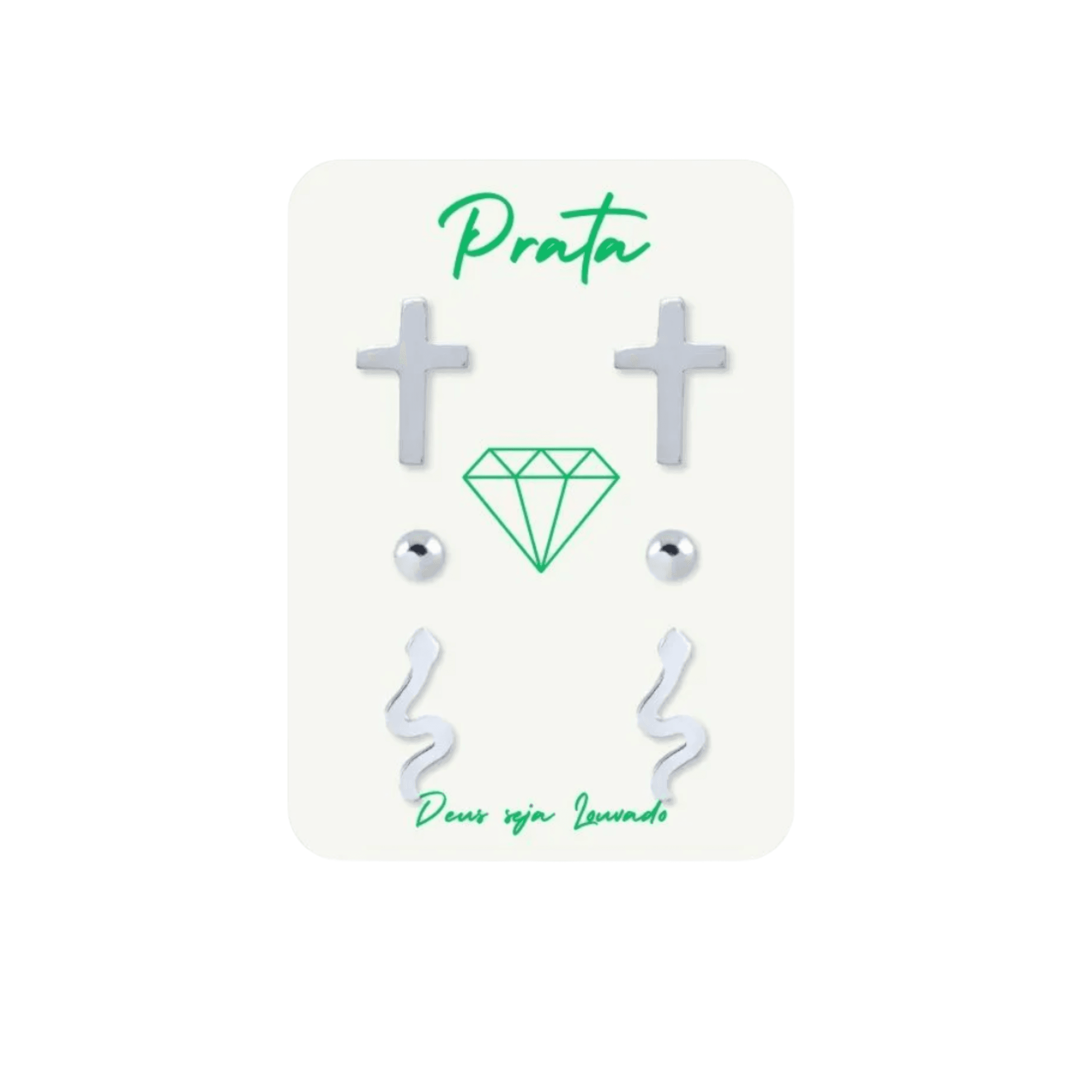 Trio de brincos de prata 925 cobra, bola e cruz | Brincos