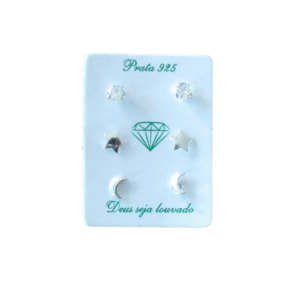 Trio de brincos de prata 925 lua estrela pedra zircônia