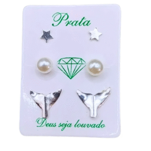 Trio de brincos de prata 925 sereia, pérola e estrela