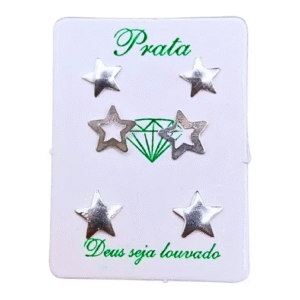 Trio de brincos de prata 925 formas de estrelas abauladas e vazada