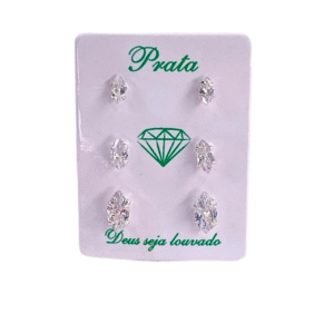 Trio de brincos de prata 925 navete branco - 3 tamanhos