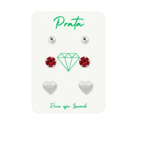 Trio de brincos de prata 925 bolinha, coração e pedra vermelha