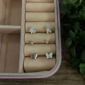 Trio de brincos de prata 925 estrela com pedra branca, bolinha e borboleta