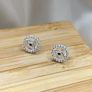 Brinco de prata 925 redondo olho grego azul com borda cravejada
