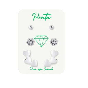 Trio de brincos de prata 925 bolinha, pedra branca e 3 corações