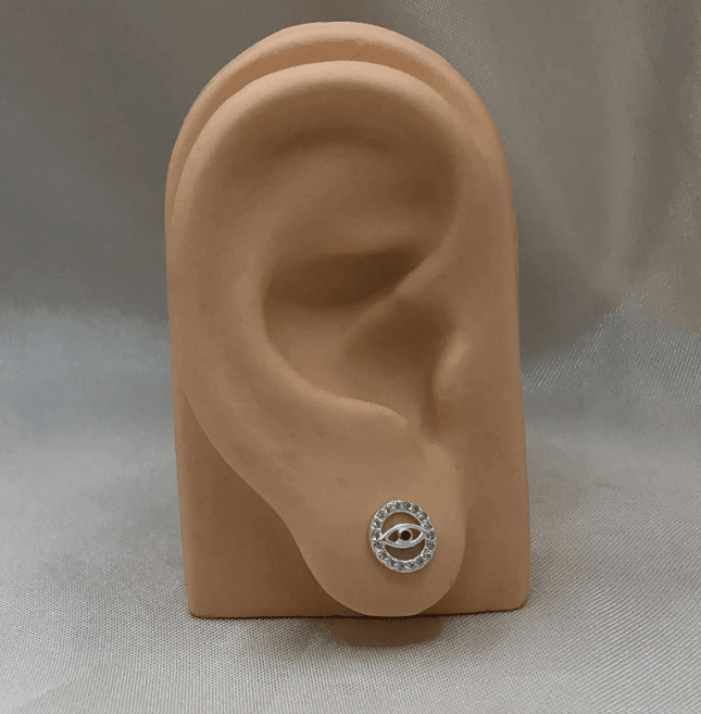 Brinco de prata 925 redondo olho grego azul com borda cravejada | Brincos