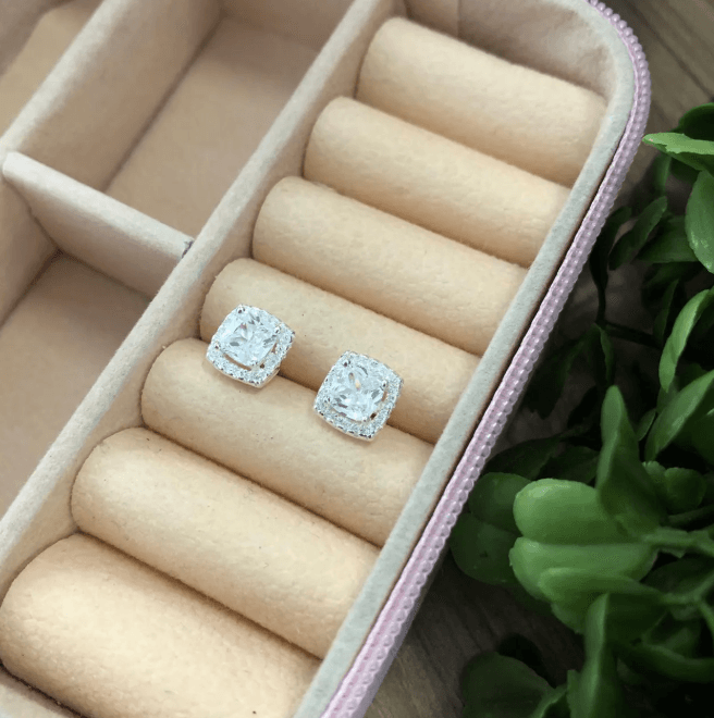 Brinco de prata 925 zircônia quadrado 5mm com borda cravejada | Brincos