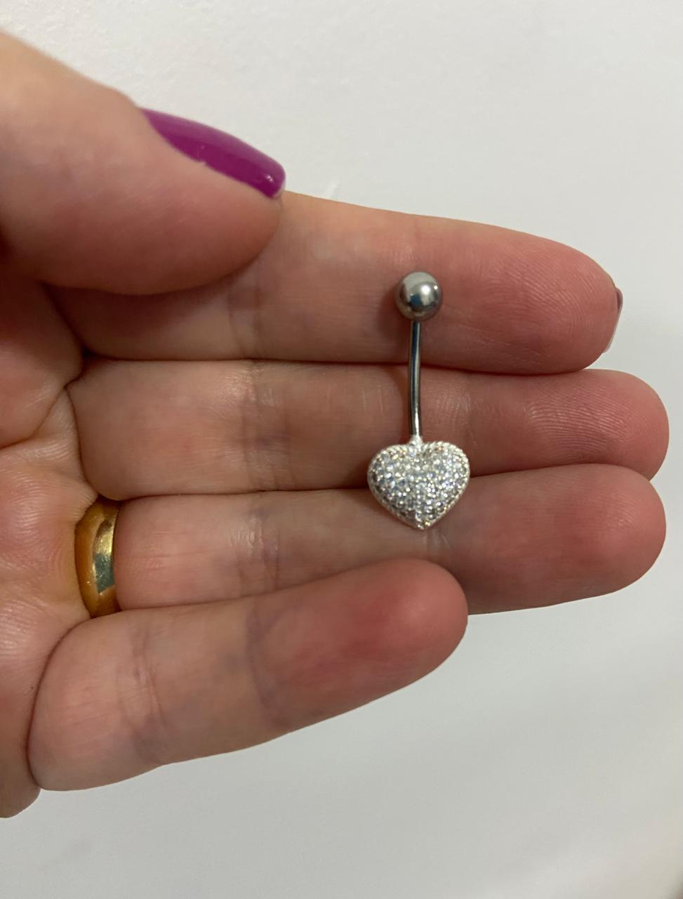 Piercing de prata 925 de umbigo Coração cravejado | Piercing