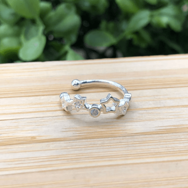 Piercing de prata 925 fake argola estrela e bolinha zircônia | Piercing