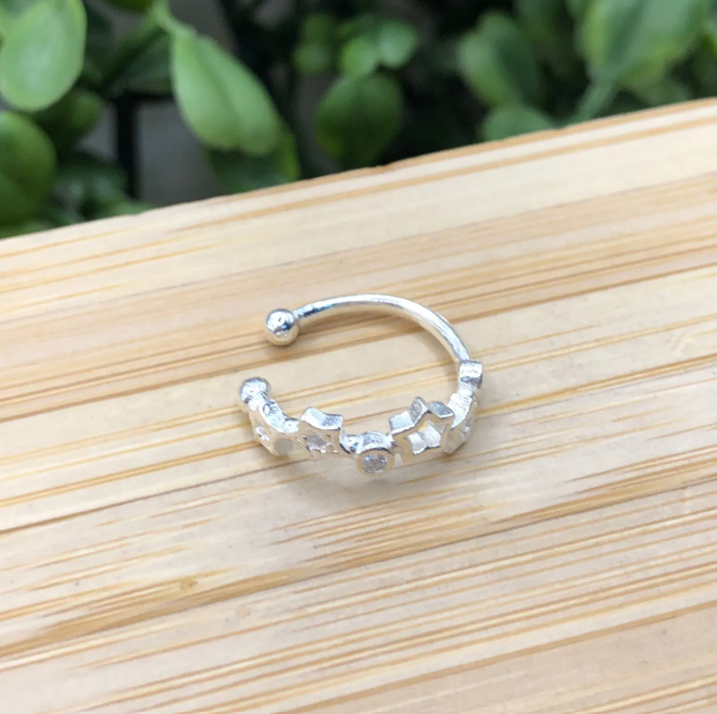 Piercing de prata 925 fake argola estrela e bolinha zircônia | Piercing