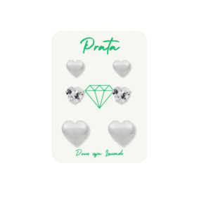 Trio de brincos de prata 925 2 corações e pedra branca | Brincos