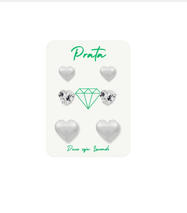 Trio de brincos de prata 925 2 corações e pedra branca | Brincos