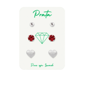 Trio de brincos de prata 925 bolinha, coração e pedra vermelha | Brincos