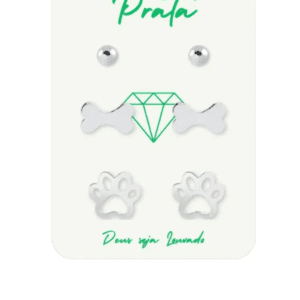 Trio de brincos de prata 925 bolinha, osso e pata de cachorro | Brincos