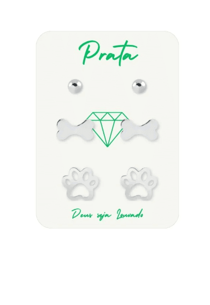 Trio de brincos de prata 925 bolinha, osso e pata de cachorro | Brincos