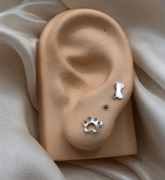 Trio de brincos de prata 925 bolinha, osso e pata de cachorro | Brincos