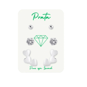 Trio de brincos de prata 925 bolinha, pedra branca e 3 corações | Brincos