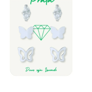 Trio de brincos de prata 925 borboleta vazada, origami e navete | Brincos