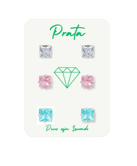 Trio de brincos de prata 925 carré 4mm - 3 cores | Brincos