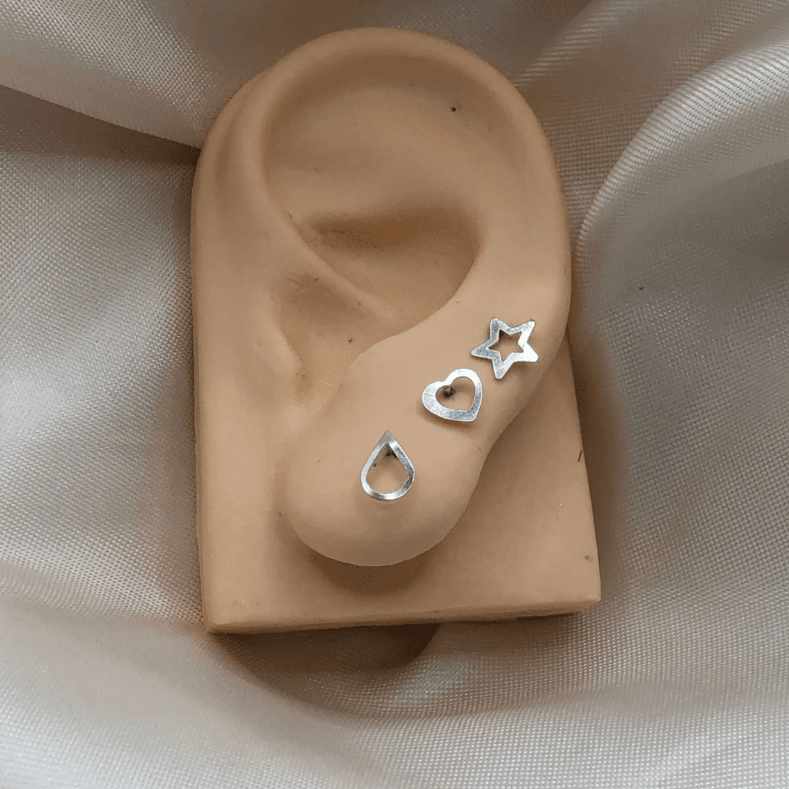 Trio de brincos de prata 925 coração, estrela e gota | Brincos