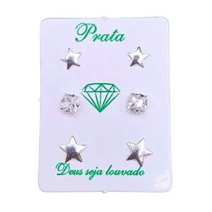 Trio de brincos de prata 925 estrela e pedra quadrada - 3 tamanhos | Brincos