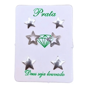 Trio de brincos de prata 925 formas de estrelas abauladas e vazada | Brincos