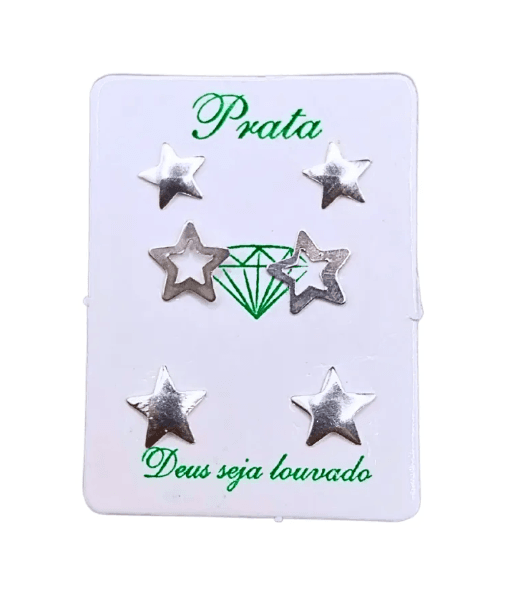 Trio de brincos de prata 925 formas de estrelas abauladas e vazada | Brincos