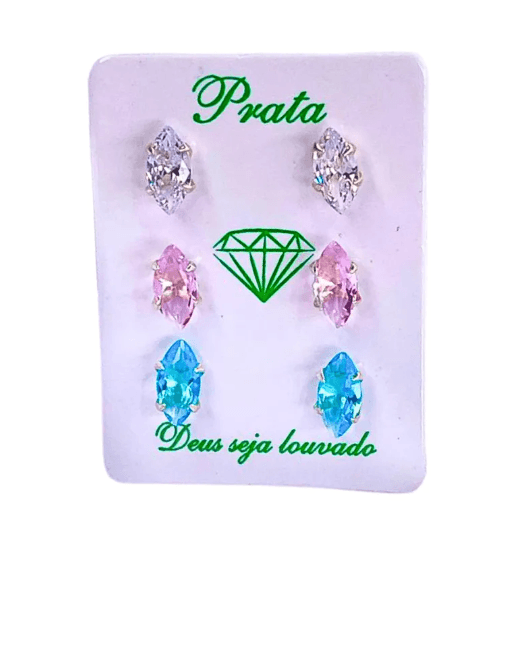 Trio de brincos de prata 925 navete - 3 cores | Brincos