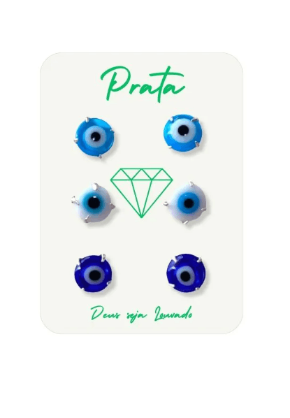 Trio de brincos de prata 925 olho grego - 3 cores | Brincos