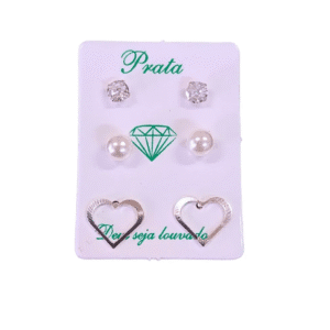 Trio de brincos de prata 925 pedra redonda, pérola e coração vazado | Brincos