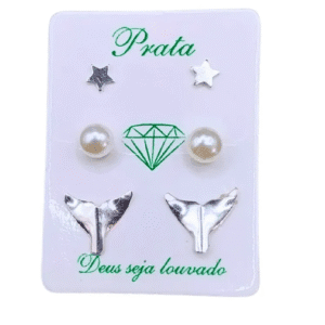 Trio de brincos de prata 925 sereia, pérola e estrela | Brincos