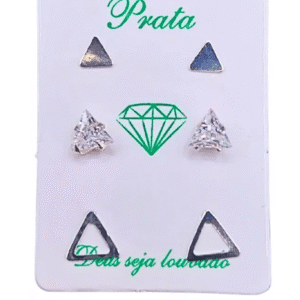 Trio de brincos de prata 925 triângulo e pedra branca | Brincos