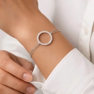 Pulseira-de-prata-925-dupla-com-pingente-círculo-cravejado-vazado